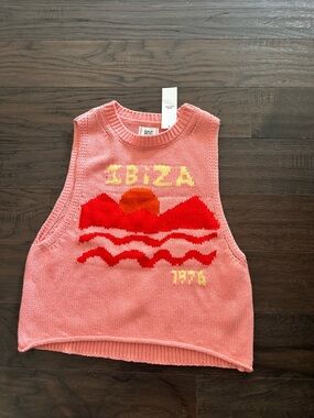 BDG Pink Knit Ibiza Graphic Crop Tank with Red & Yellow Sunset